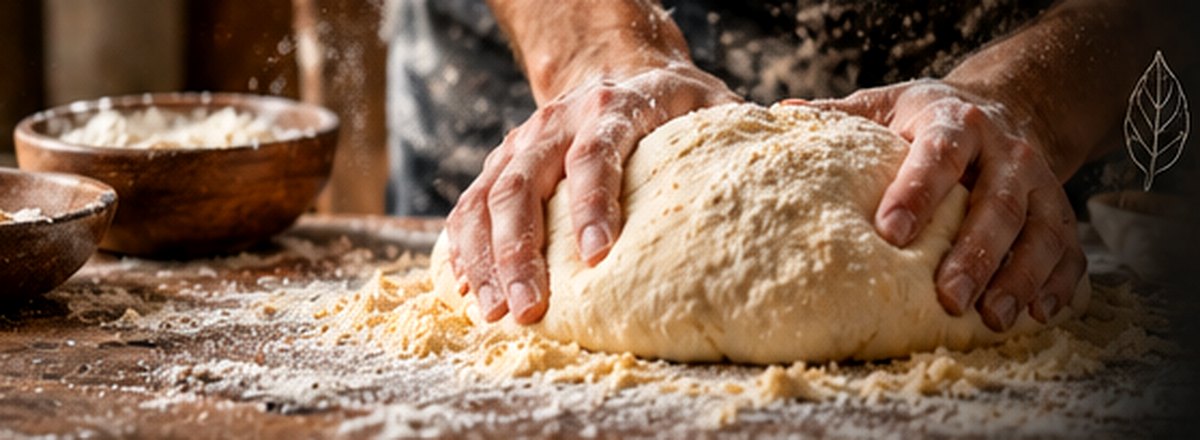 Wyrabianie ciasta na pizzę na stole oprószonym mąką