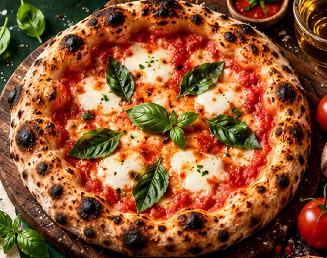 Pizza neapolitańska margherita ze świeżą bazylią i mozzarellą