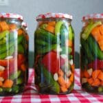 Słoiki z domowymi piklami warzywnymi na czerwonej kratowanej serwecie